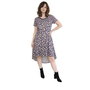 LulaRoe Carly Striped Navy & Pink Feather Print High-Low Dress Small